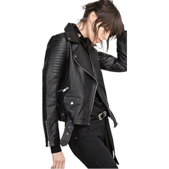 Zara Black Quilted Genuine Sheep Leather Cropped Moto Biker Blogger Jacket XS - Picture 3 of 16